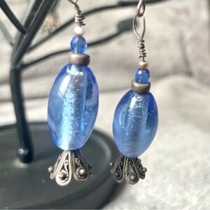 Vintage Handcrafted Blue Glass Bead Silver Earrings - Handmade Women’s Jewelry